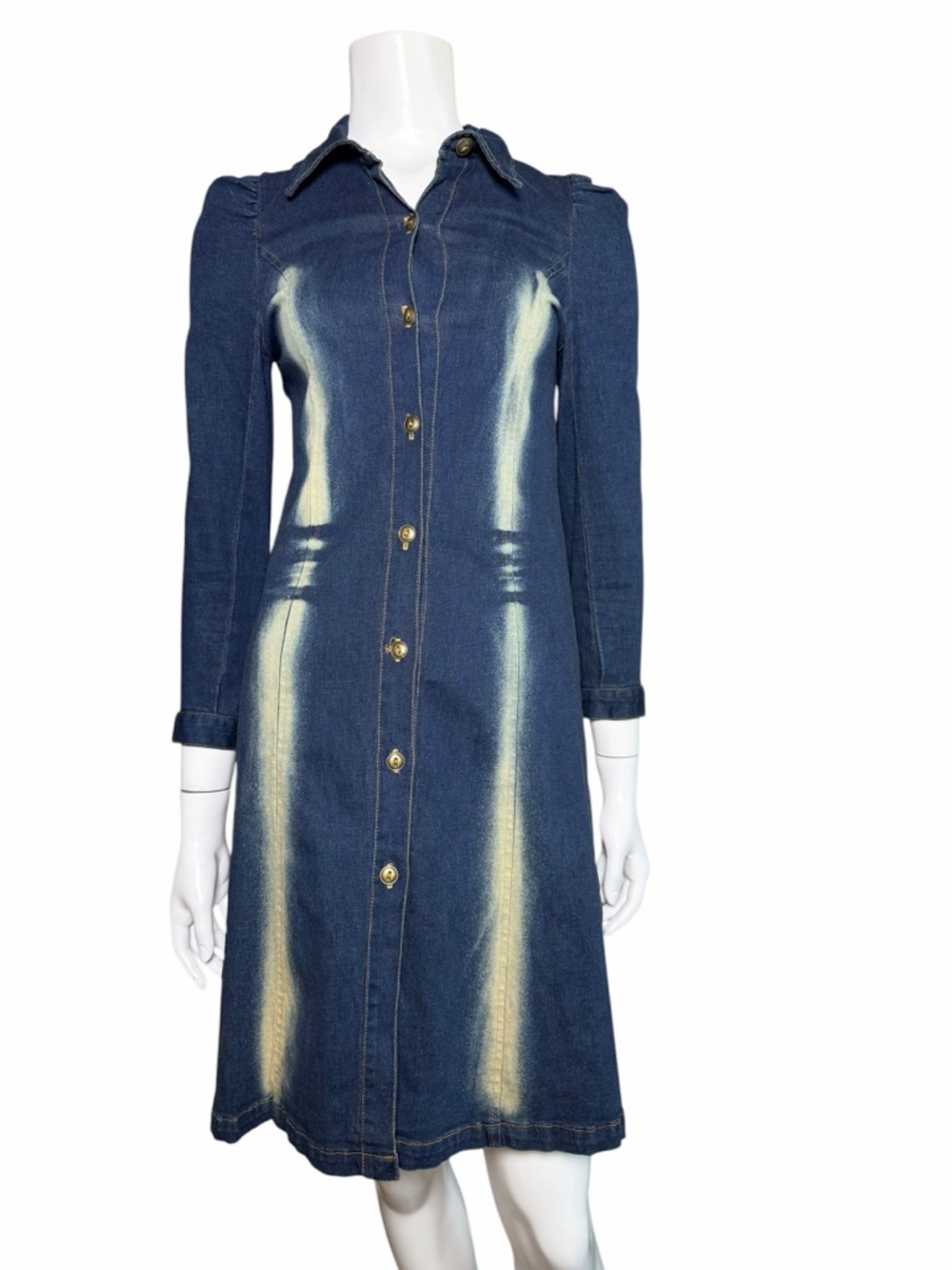 Un Deux Trois Denim Midi Dress Button Front Bleach Wash Panel USA Size 12 - Picture 2 of 11